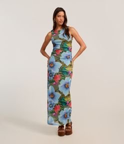 Vestido Long Midi em Tule Floral com Decote Halter