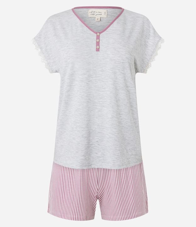Pijama Short Doll em Viscose com Detalhe de Rendinha e Short Listrado