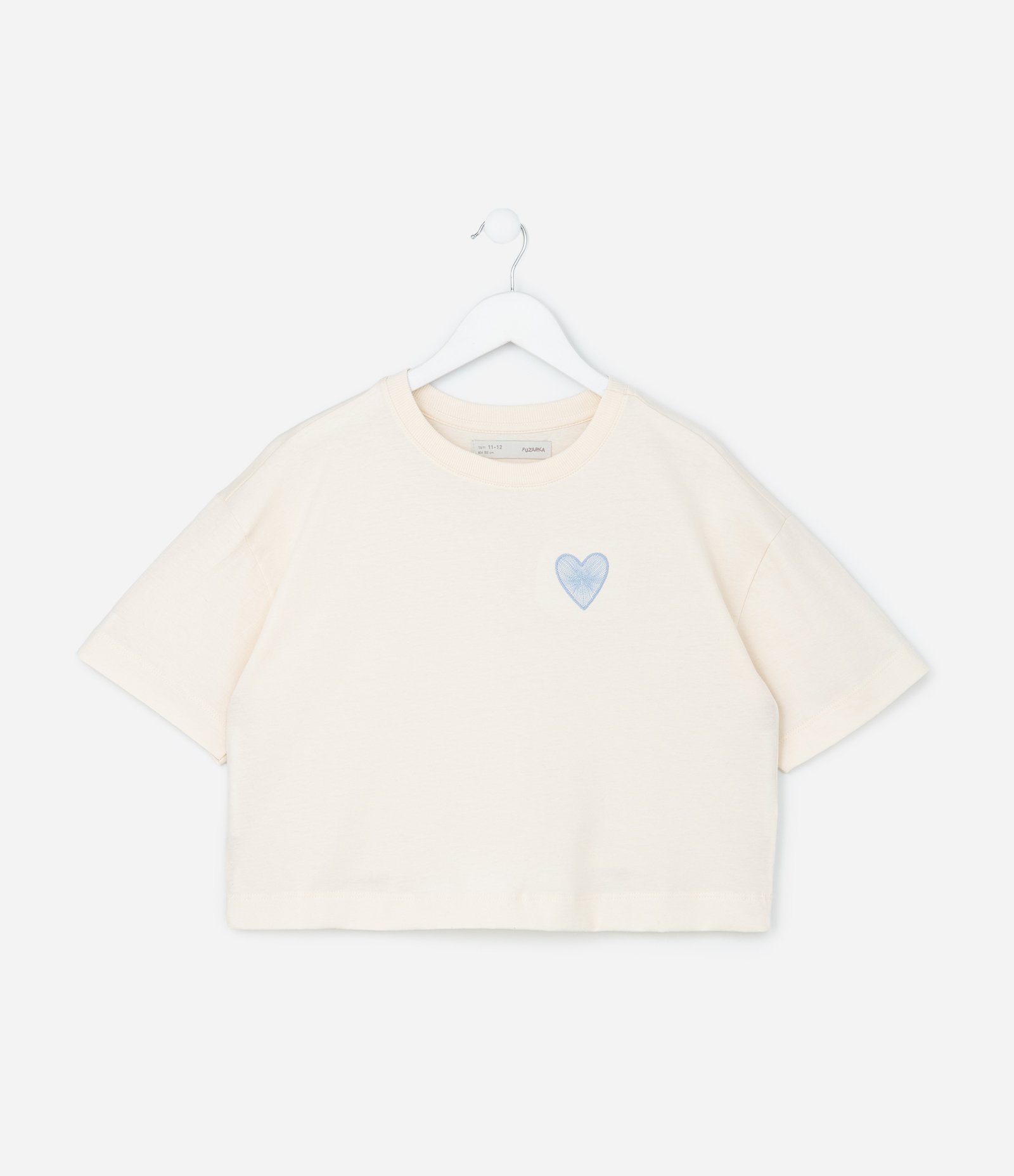 Camiseta Boxy Curta Infantil com Bordado Coração - Tam 5 a 14 Anos Bege 2