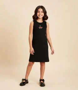 Vestido Infantil em Ribana com Estamoa Cereja - Tam 5 a 14 Anos