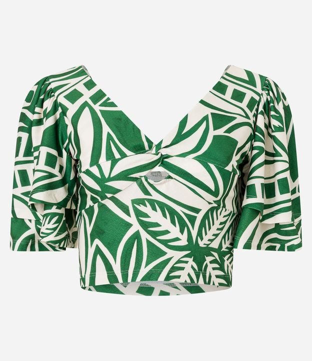 Blusa Cropped Texturizada com Busto Torcido e Estampa Folhagem