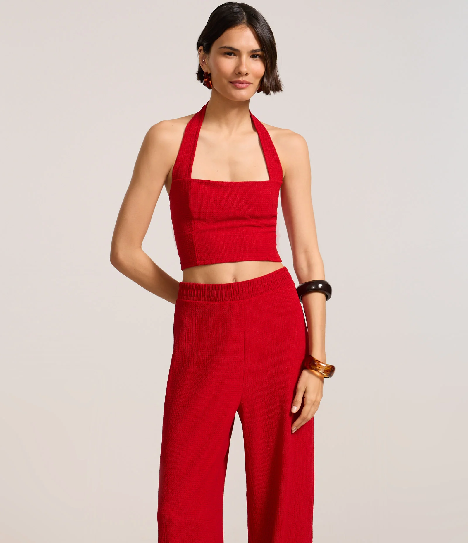 Calça Reta Texturizada com Cintura Alta Vermelho 2