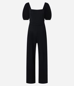 Macacão Wide Leg Texturizado com Manga Bufante
