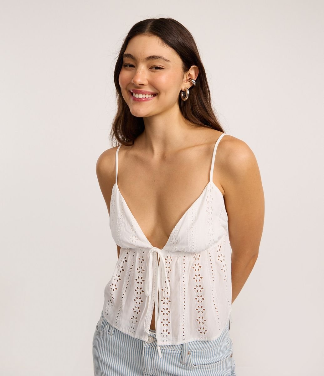 Blusa com Alças Finas em Viscose com Textura Branco