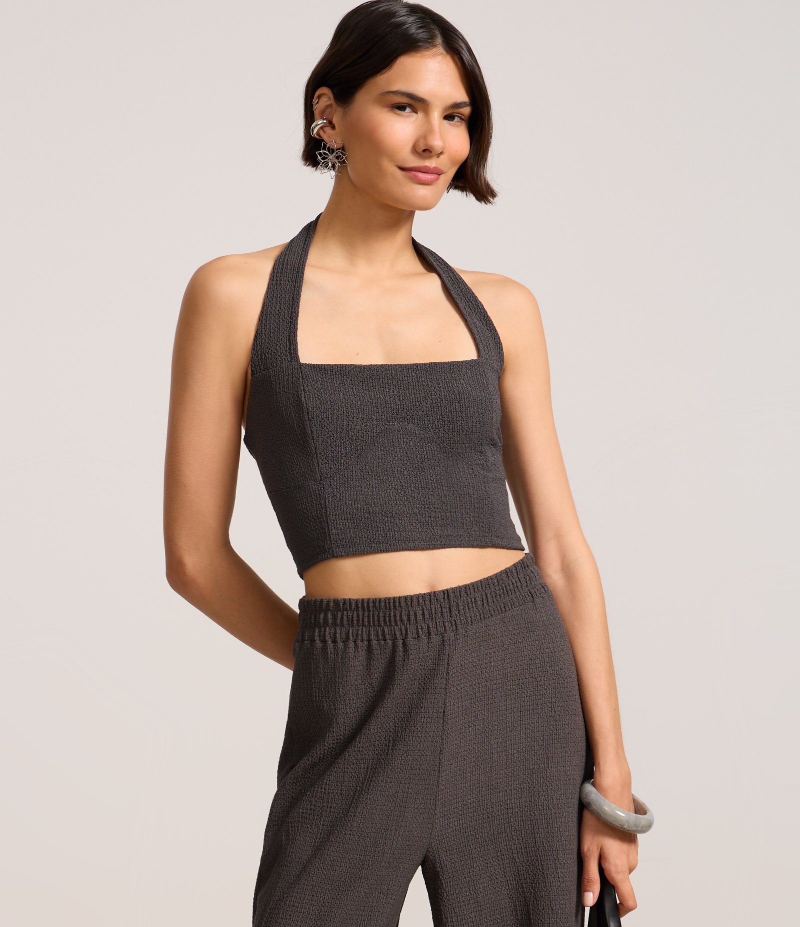 Blusa Frente Única Corsetada Texturizada Cinza 3