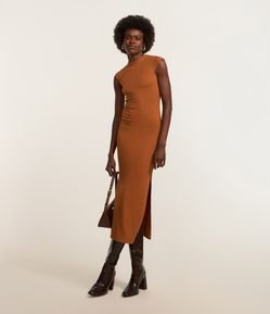 Vestido Long Midi Ajustado em Ribana com Manga Copinho