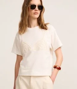 Blusa Slim em Algodão com Bordado Sutiã de Efeito Crochê