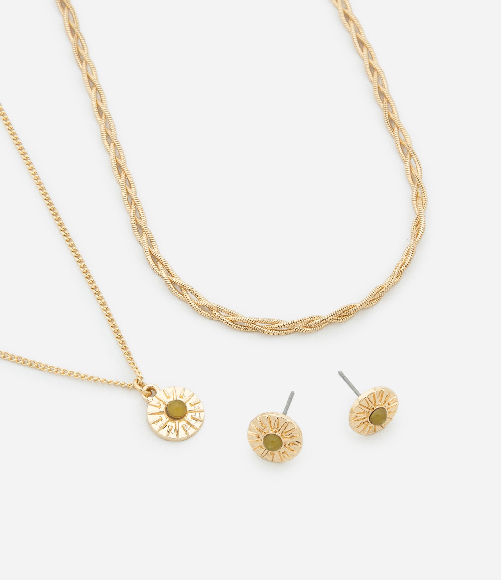 Conjunto de Colar Camadas com Pingente e Brincos Botão Dourado 1