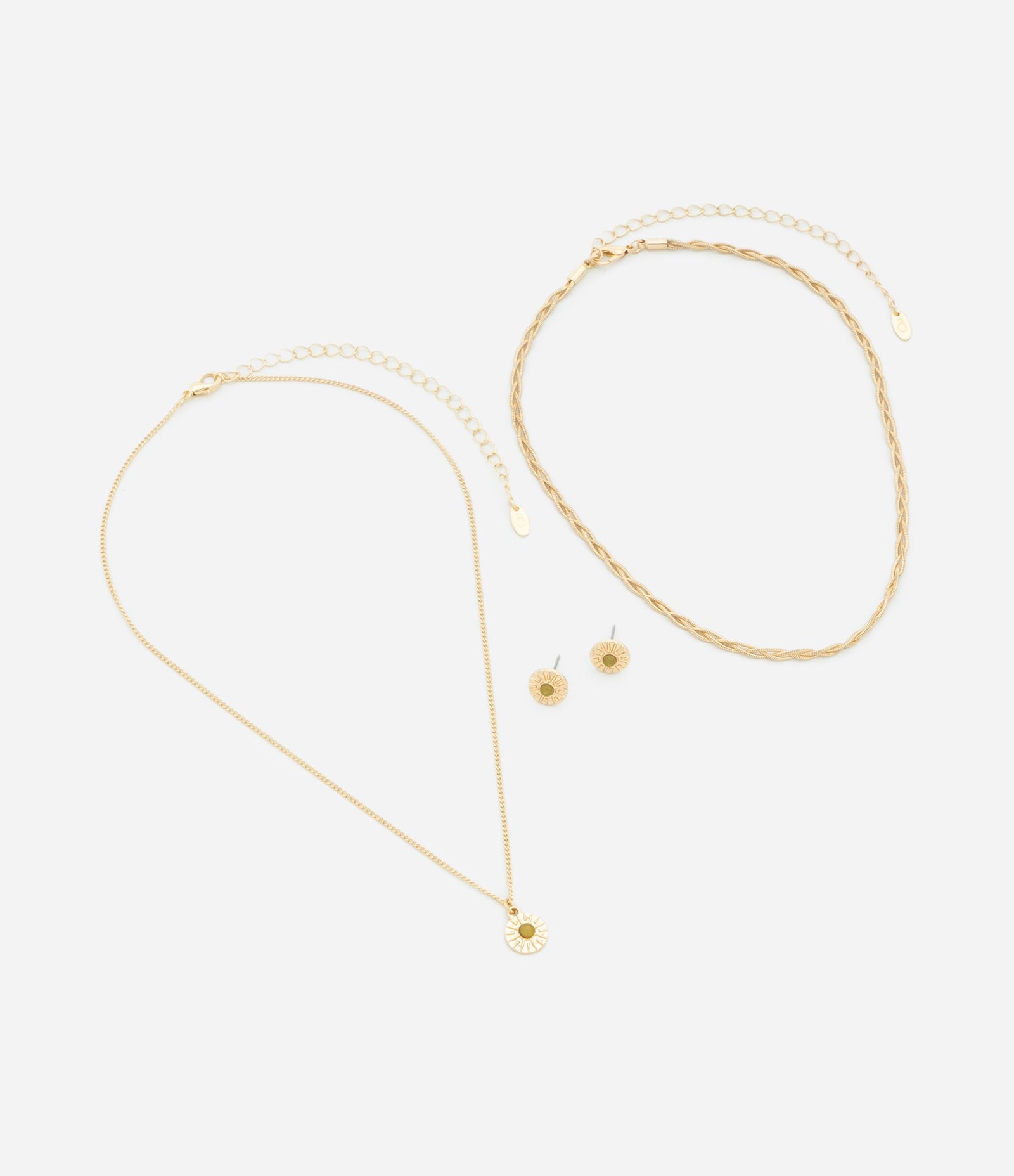 Conjunto de Colar Camadas com Pingente e Brincos Botão Dourado 2