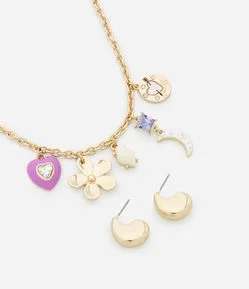 Conjunto de Colar com Pingentes Variados e Brinco Argola Bold