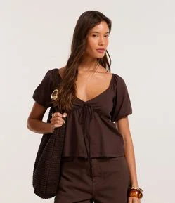 Blusa em Algodão com Mangas Bufantes e Amarração Frontal