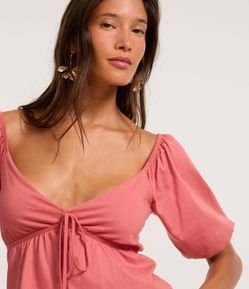 Blusa em Algodão com Mangas Bufantes e Amarração Frontal