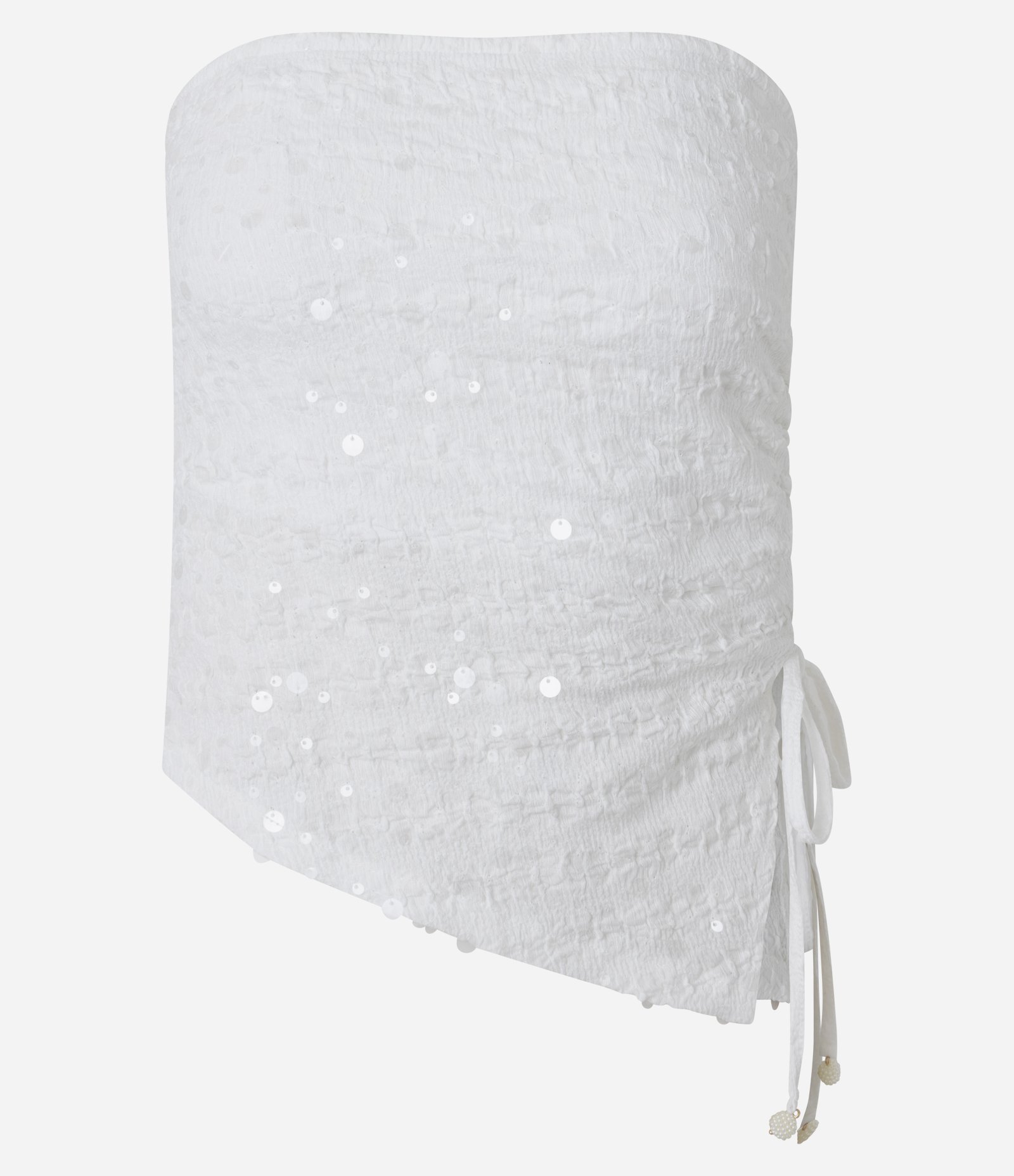 Top Tomara que Caia em Paetê com Colissê Lateral e Barra Assimétrica Branco