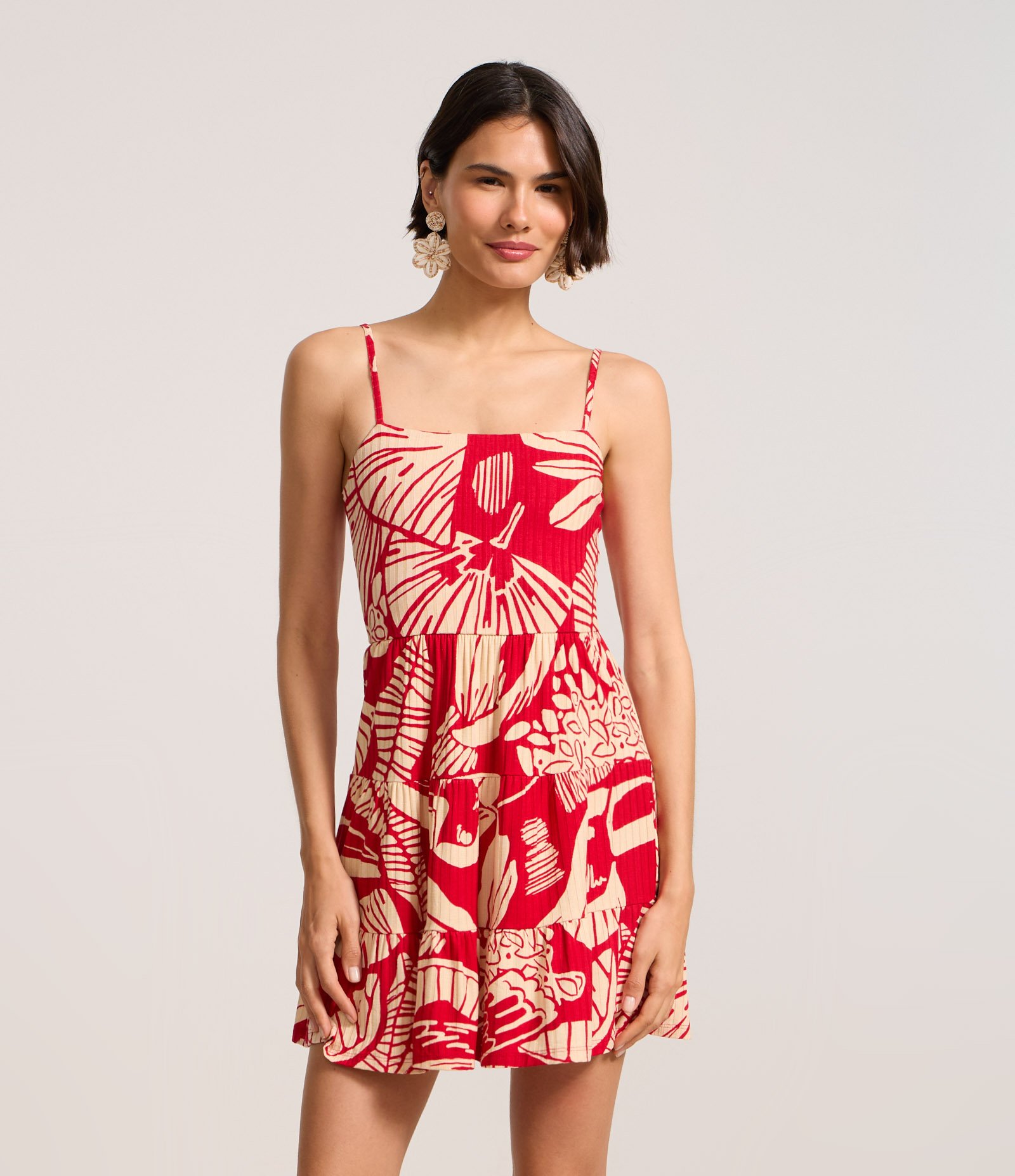 Vestido em Ribana com Estampa Folhagem Vermelho 1