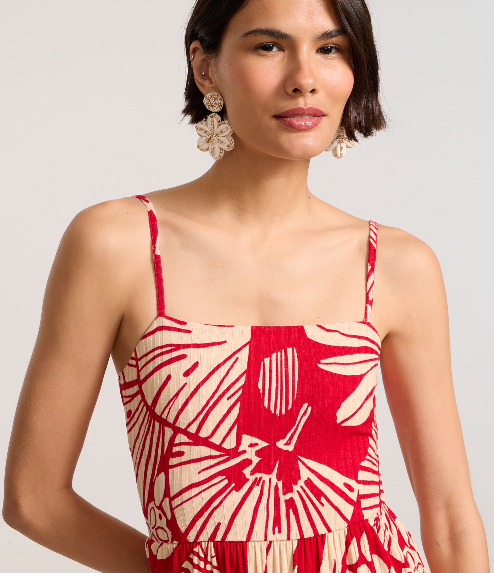 Vestido em Ribana com Estampa Folhagem Vermelho 3