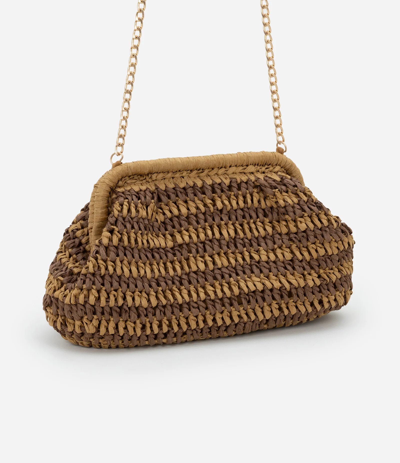 Bolsa Clutch Grande em Ráfia e Alça de Corrente Bege 2