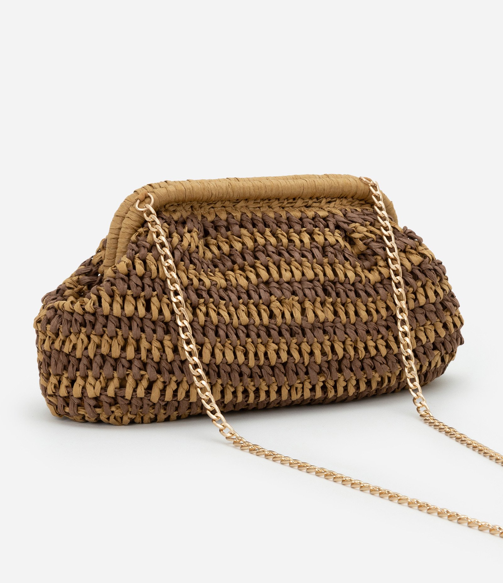 Bolsa Clutch Grande em Ráfia e Alça de Corrente Bege 4