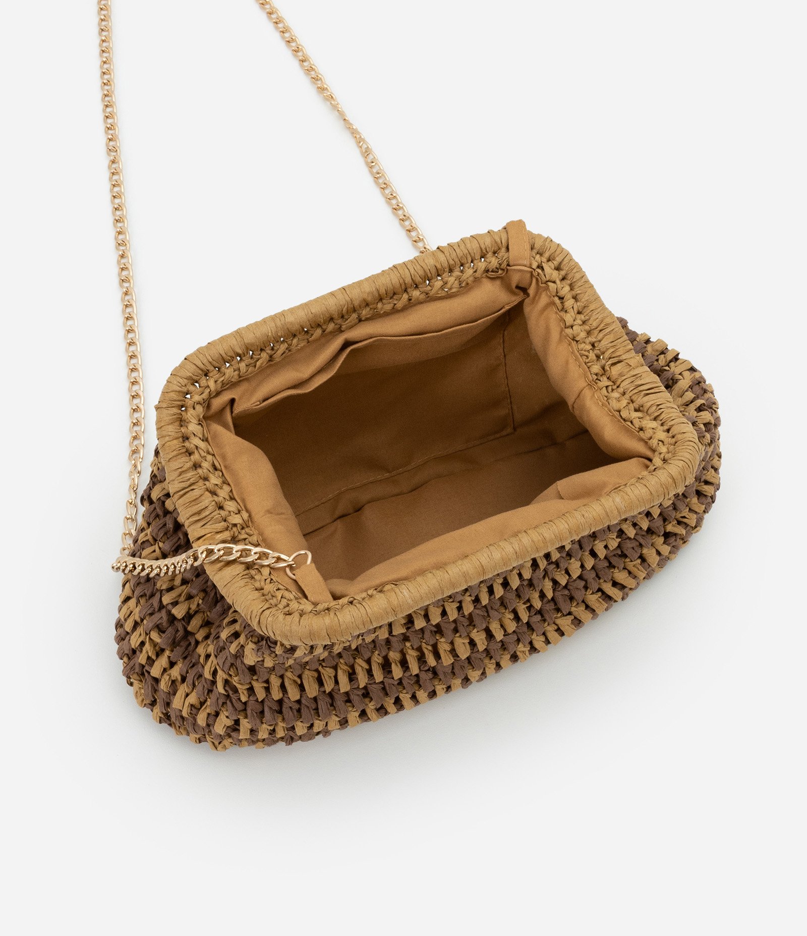 Bolsa Clutch Grande em Ráfia e Alça de Corrente Bege 6