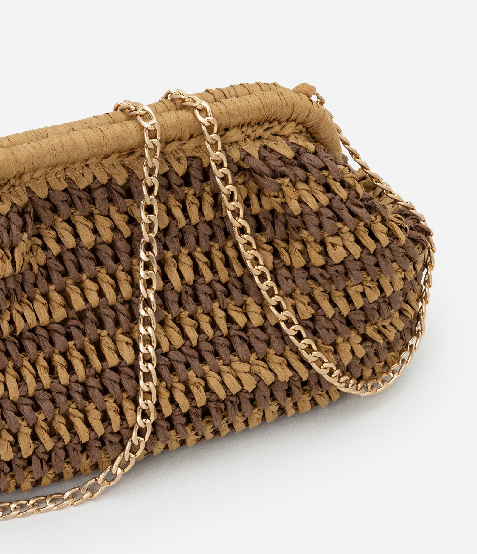 Bolsa Clutch Grande em Ráfia e Alça de Corrente Bege 7
