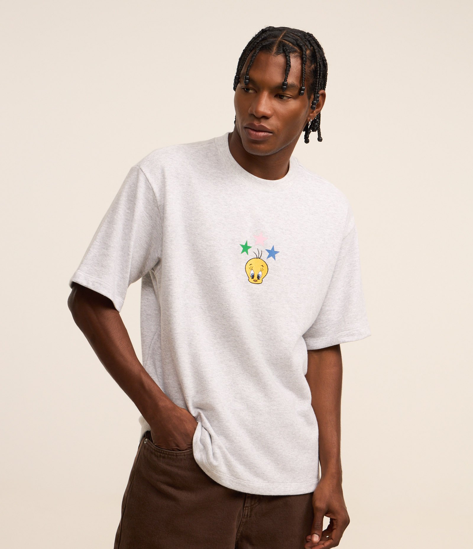 Camiseta Boxy em Moletinho Mescla com Estampa do Piu Piu e Lettering Cinza 1