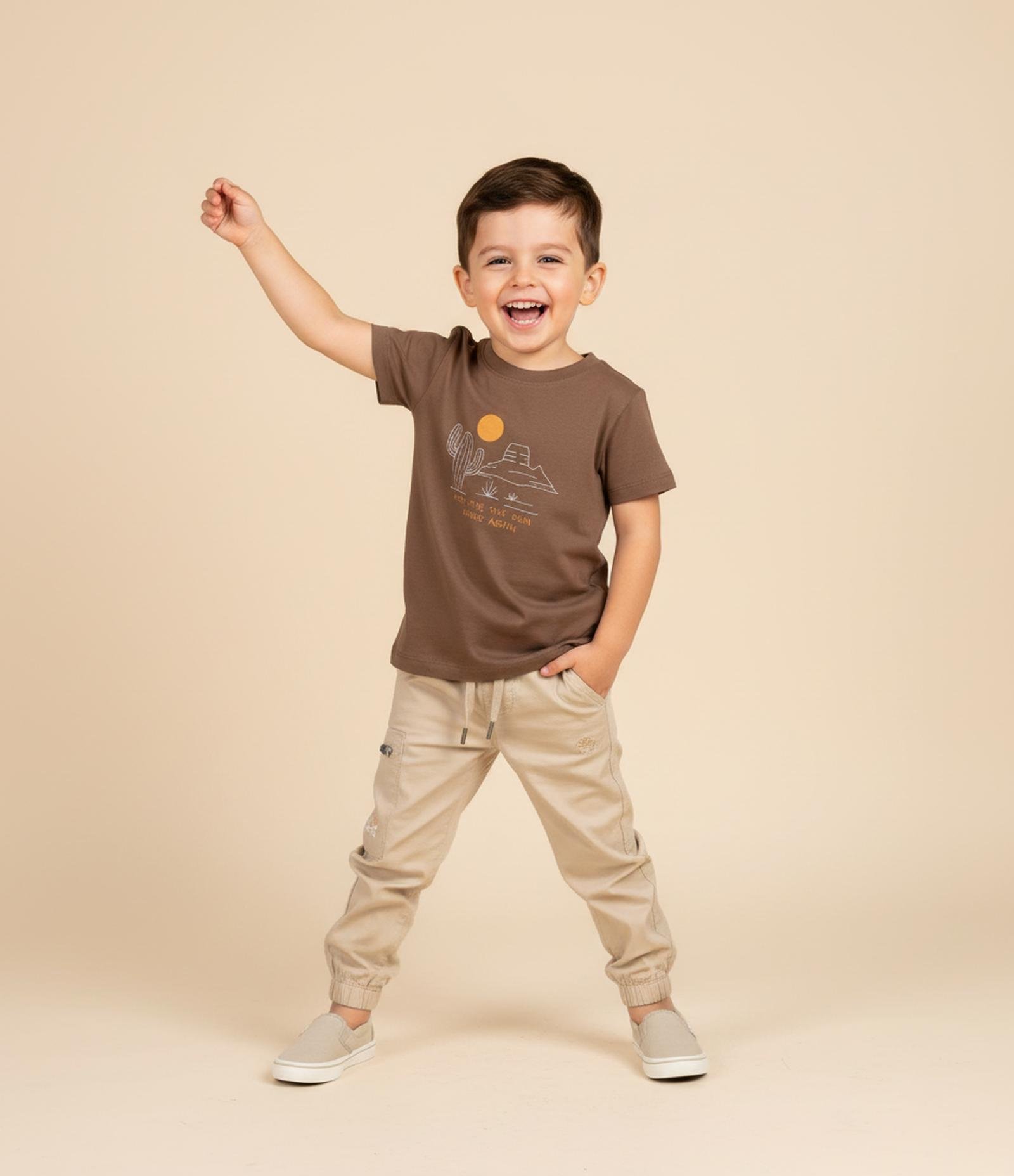 Camiseta Infantil com Bordado Pespontado Paisagem - Tam 1 a 6 Anos Marrom 1