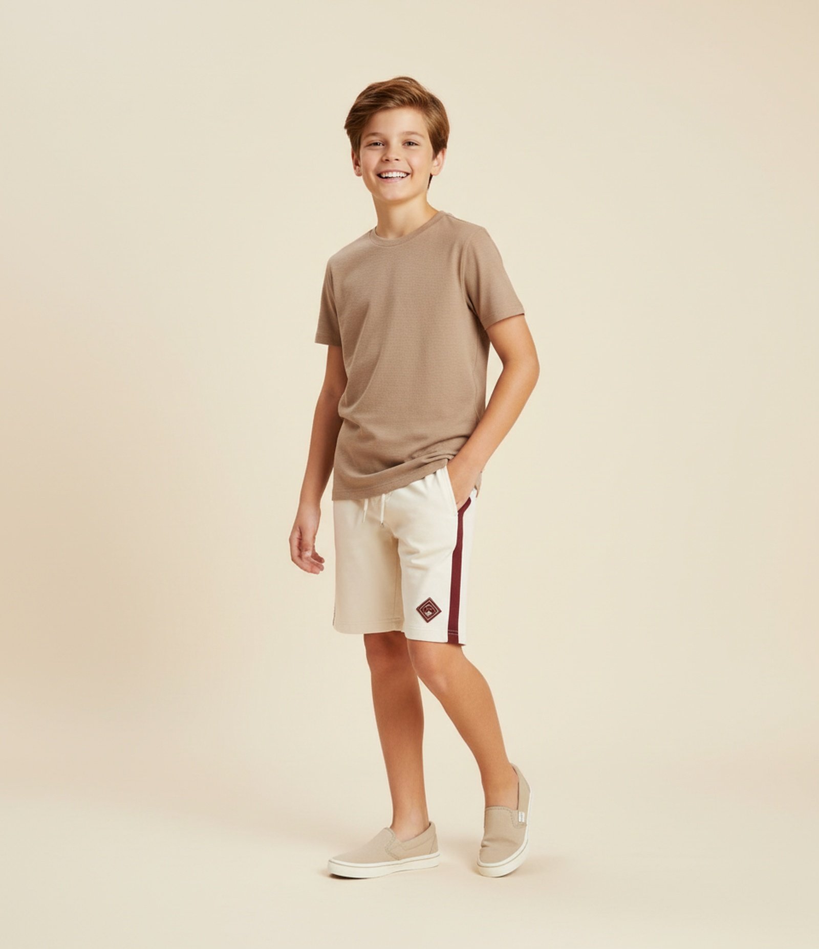 Bermuda Infantil em Poliamida com Listra Lateral - Tam 5 a 14 Anos Bege 1