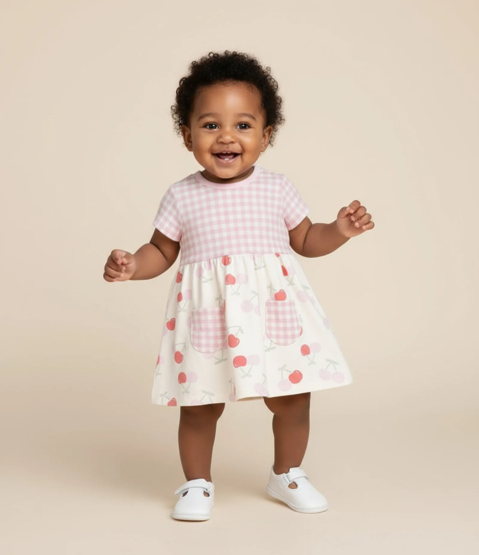 Vestido Infantil com Estampa Xadrez e Cerejas - Tam 0 a 18 Meses Rosa 1