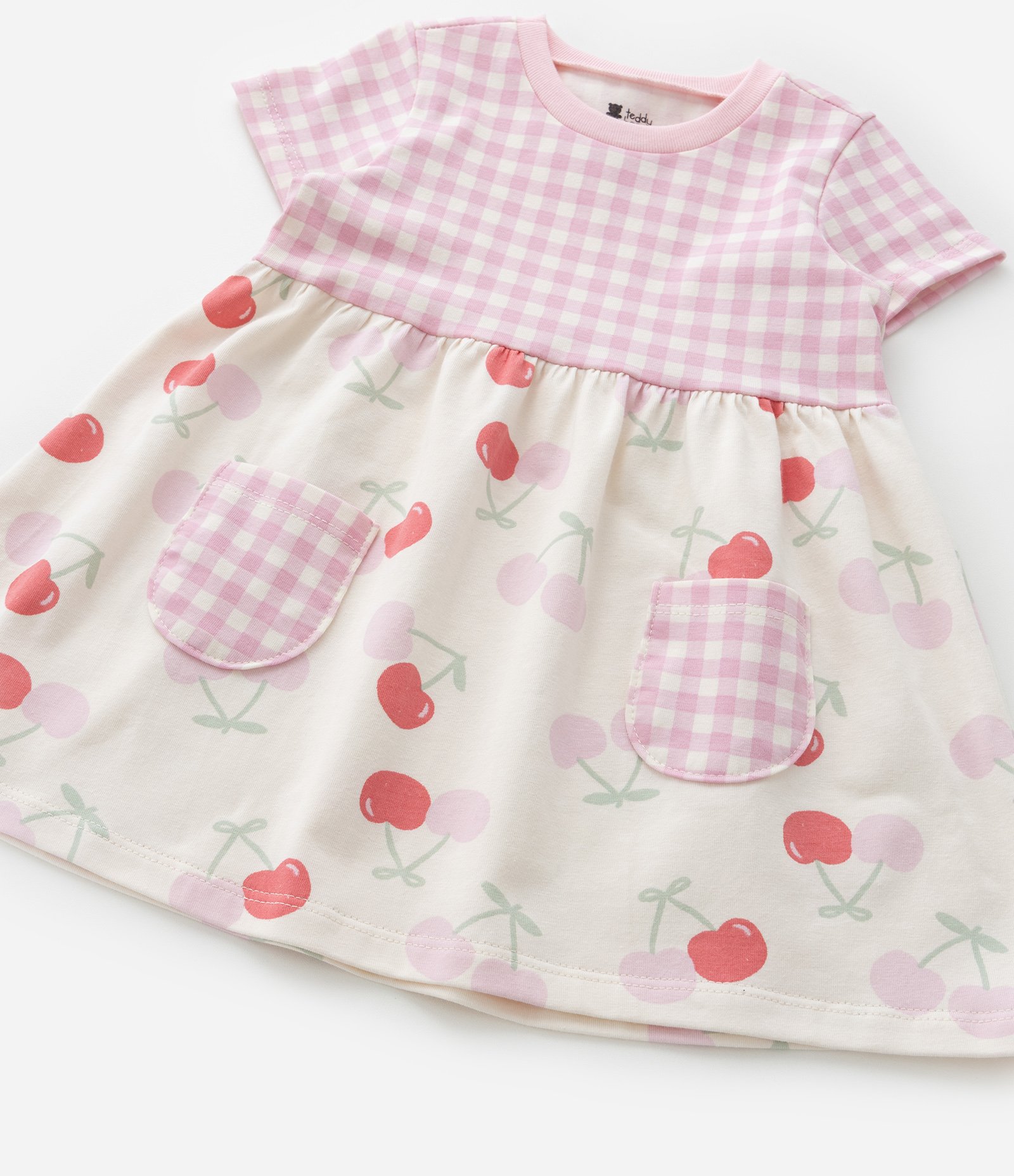 Vestido Infantil com Estampa Xadrez e Cerejas - Tam 0 a 18 Meses Rosa 7