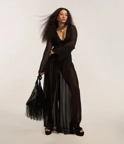 Calça Pantalona em Chiffon com Forro Curto