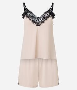 Pijama Short Doll em Microfibra com Detalhe de Renda Contrastante