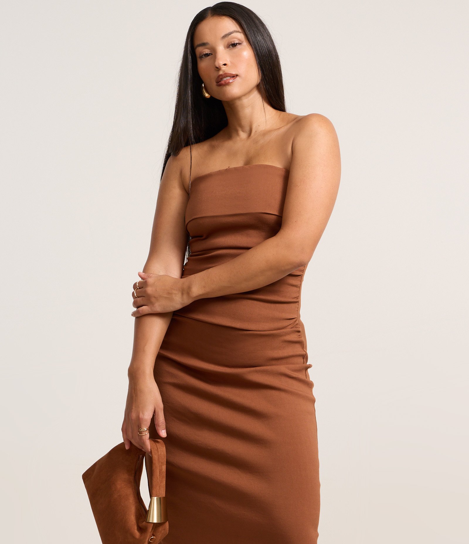 Vestido New Midi em Bengaline com Pala Dobrada e Fenda Marrom 2
