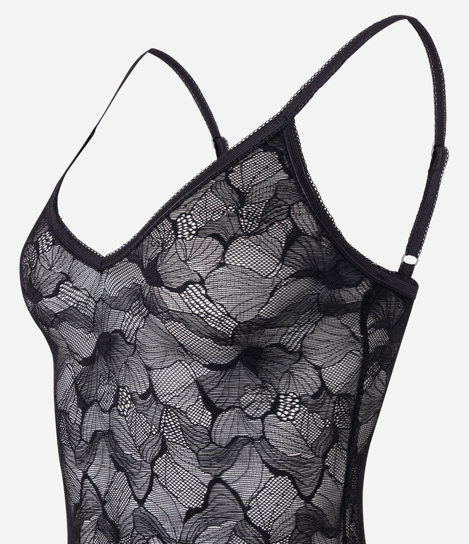 Body em Renda Floral com Alça Fina Preto 6
