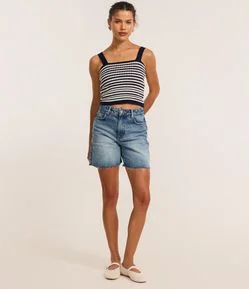 Blusa Cropped Sem Manga em Tricô com Listras