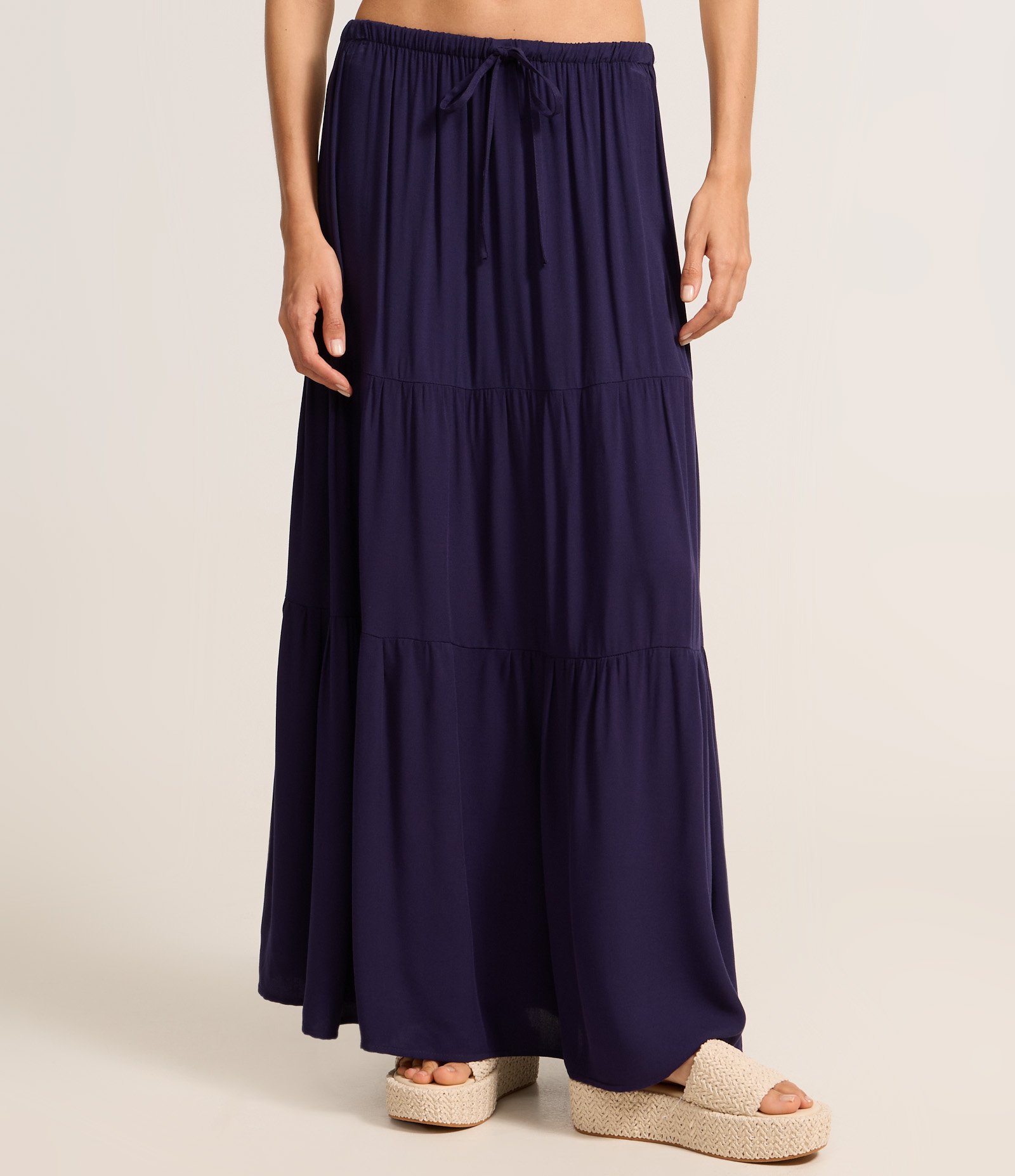 Saia Evasê Longa em Viscose com Recortes e Amarração Azul Marinho 3
