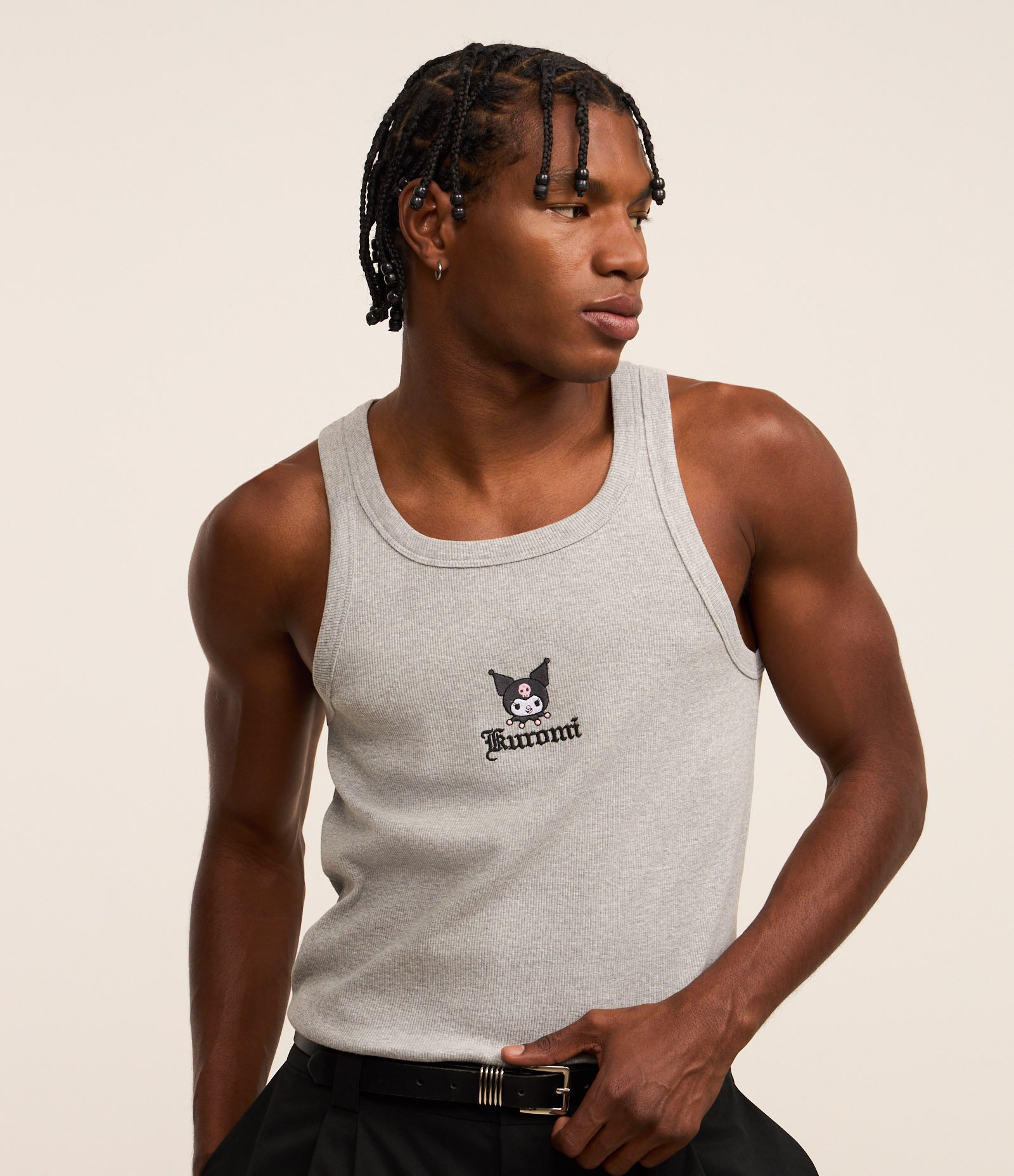 Regata Muscle em Ribana com Efeito Mescla Kurumi Hello Kitty Cinza 1