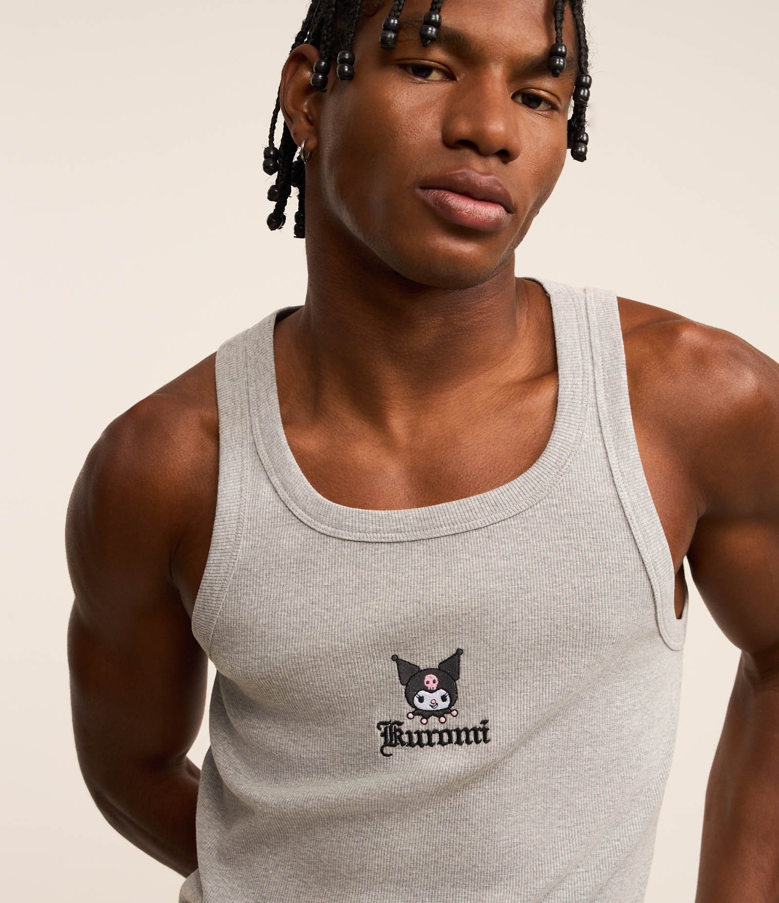 Regata Muscle em Ribana com Efeito Mescla Kurumi Hello Kitty Cinza 5