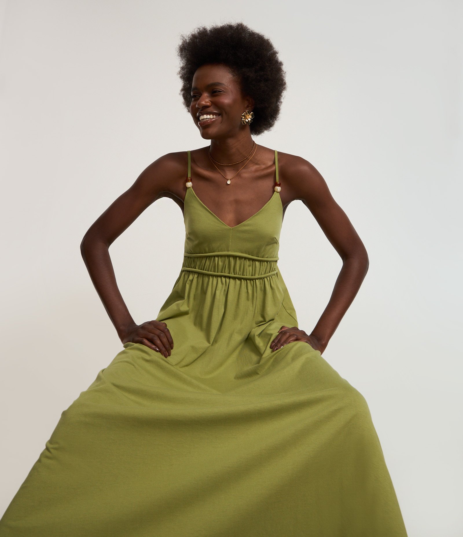 Vestido Long Midi em Algodão com Aviamento na Alça Fina Verde 1