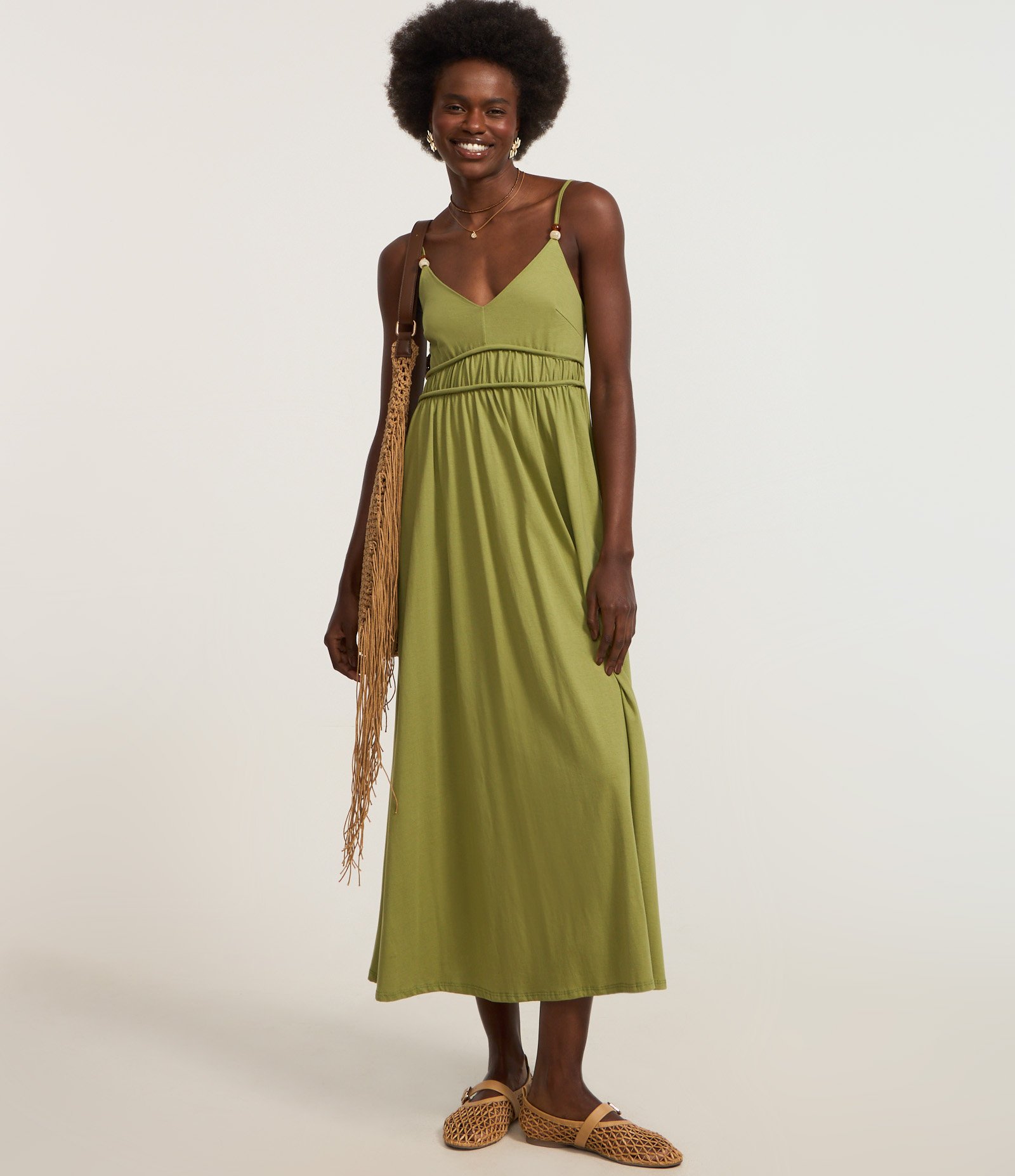 Vestido Long Midi em Algodão com Aviamento na Alça Fina Verde 2