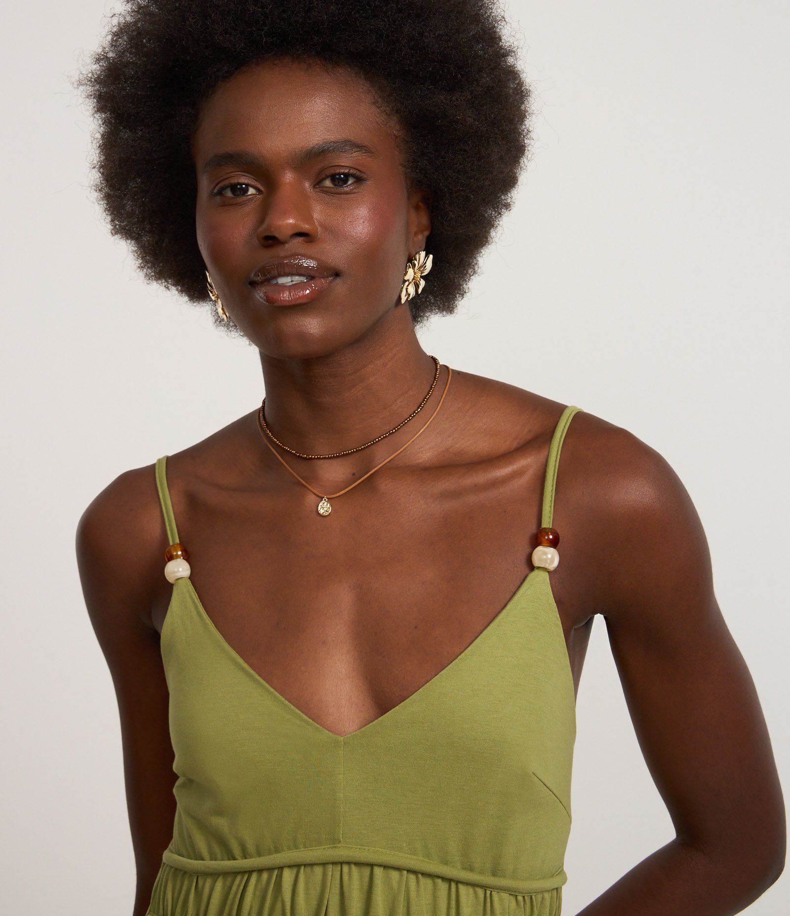 Vestido Long Midi em Algodão com Aviamento na Alça Fina Verde 3