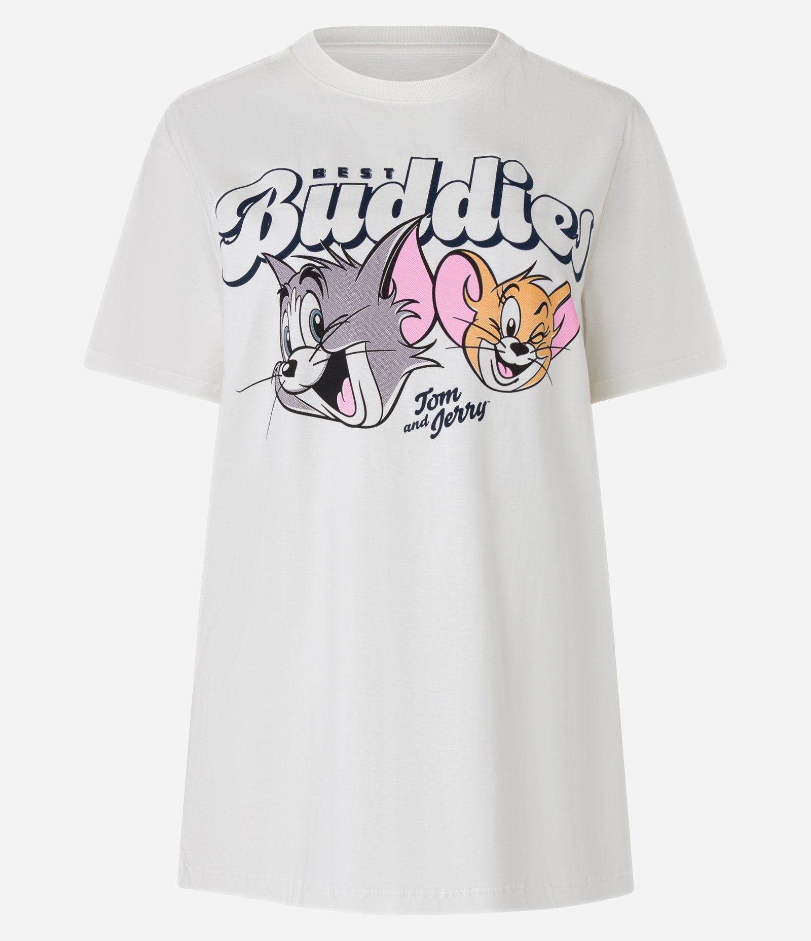 Camiseta Alongada em Algodão com Estampa Tom e Jerry Branco 1