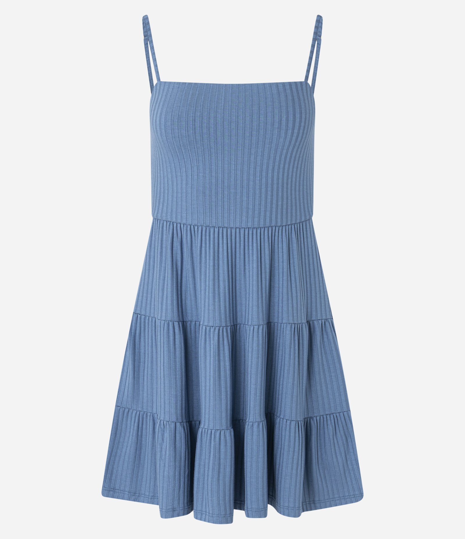 Vestido Evasê em Ribana e Babado na Saia Azul 5