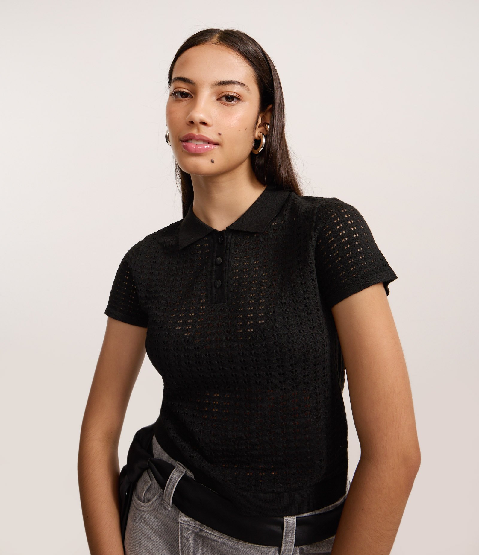 Blusa com Gola Polo em Tricô Ponto Aberto Preto 1