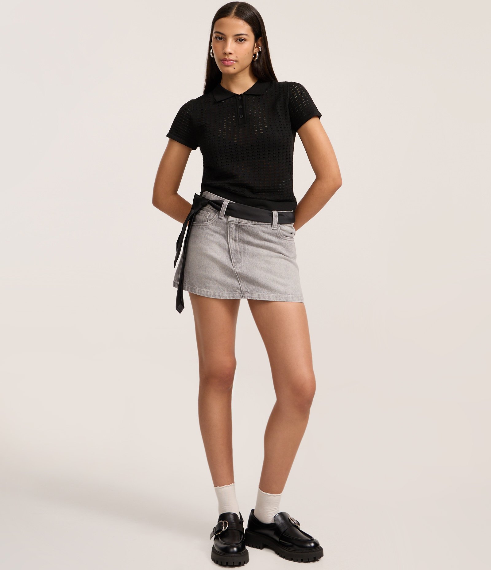 Blusa com Gola Polo em Tricô Ponto Aberto Preto 2