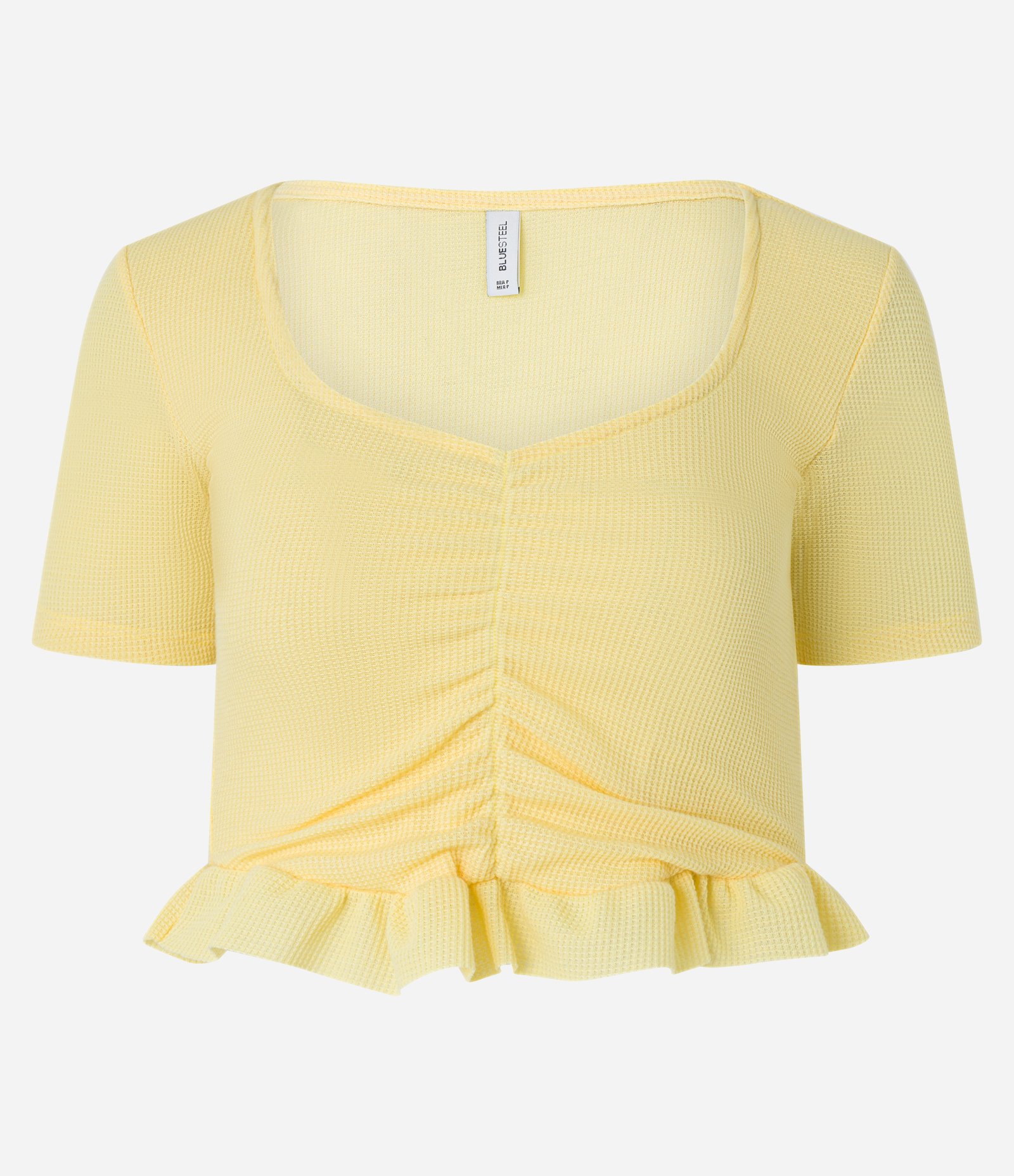 Blusa Cropped Texturizada com Franzido e Babado na Barra Amarelo 4
