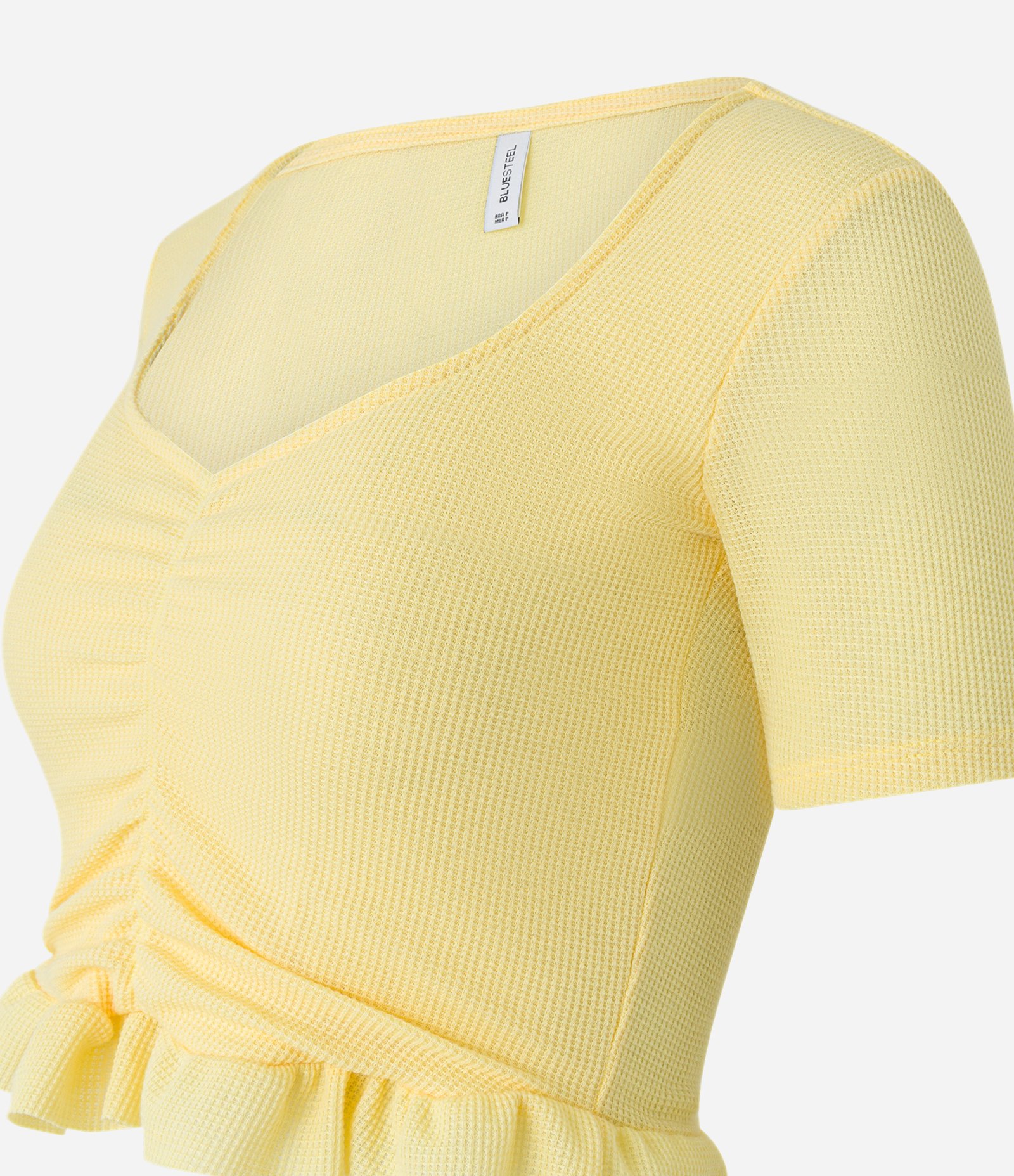 Blusa Cropped Texturizada com Franzido e Babado na Barra Amarelo 5
