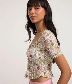 Blusa Cropped Texturizada com Franzido e Estampa Floral Liberty