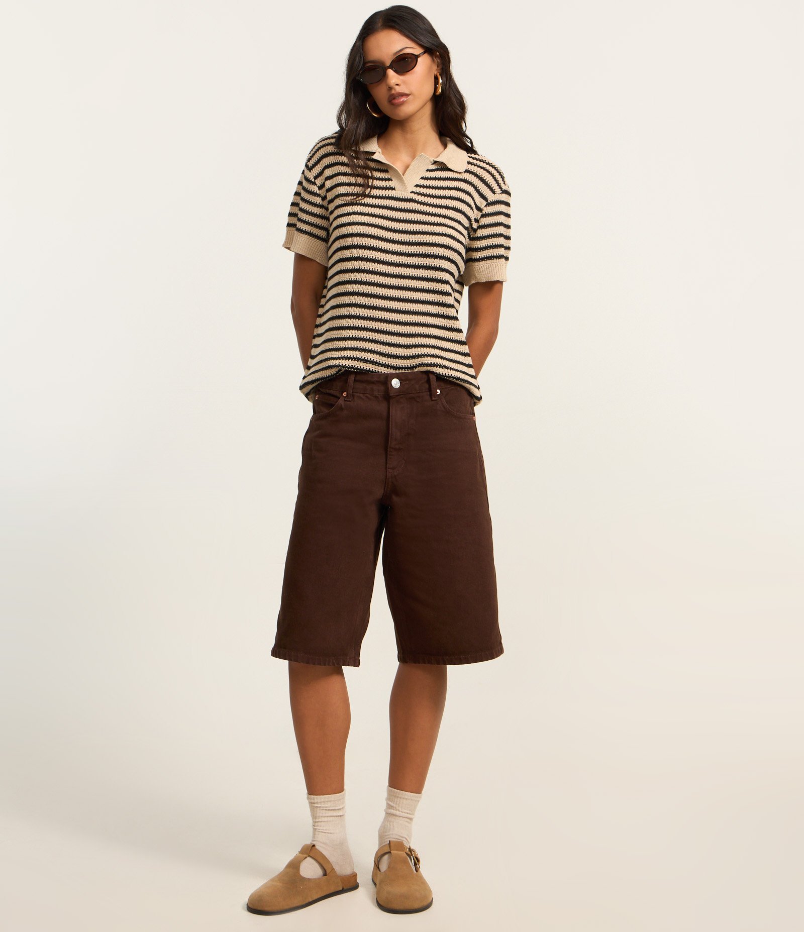 Blusa em Tricô com Listras e Manga Curta Bege 2