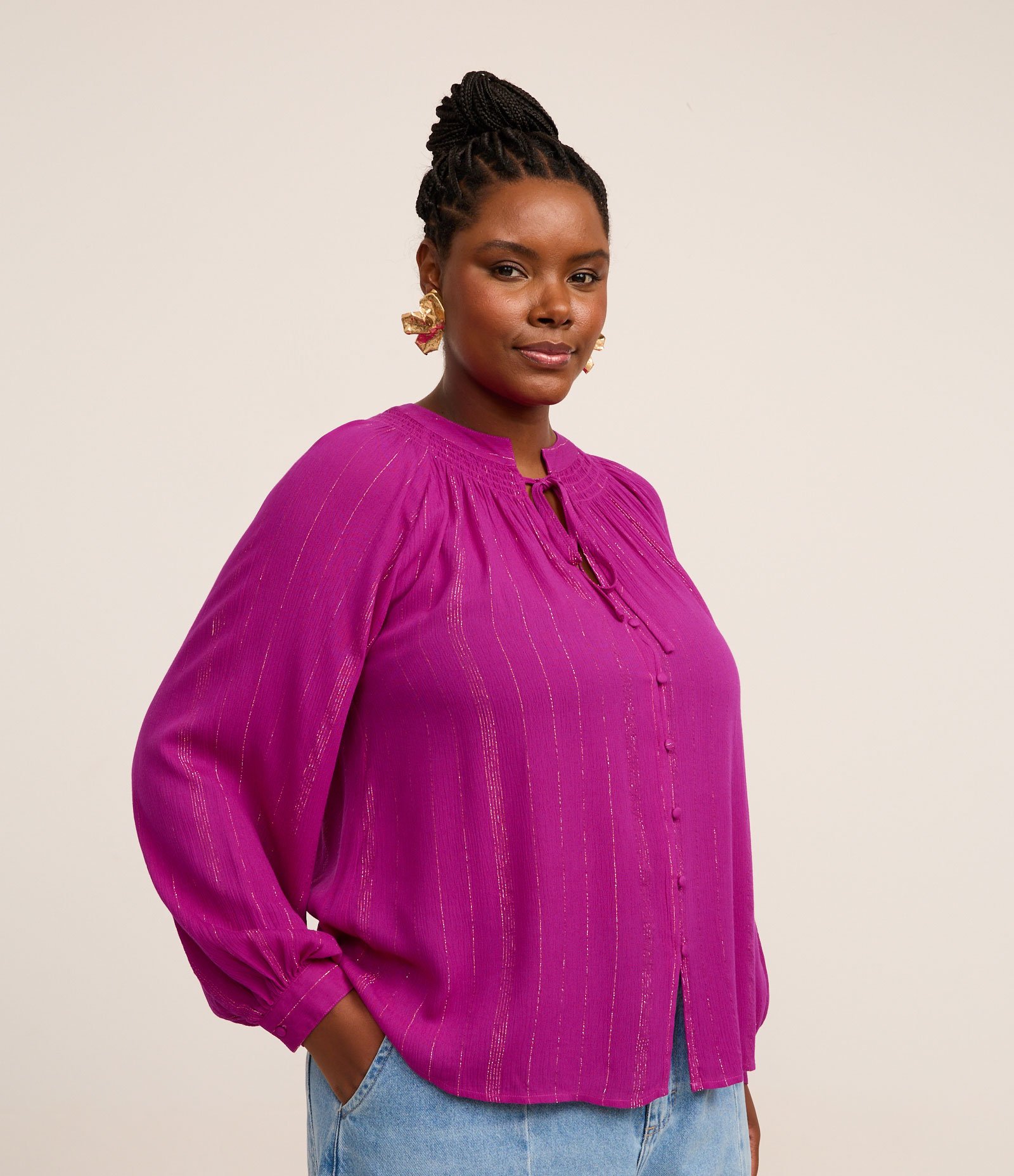 Blusa Bata em Viscose com Fios Metalizados Curve & Plus Size Magenta 1