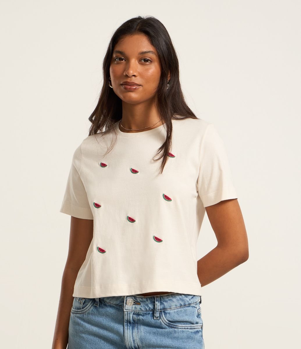 Camiseta em Algodão com Melancias Bordadas Branco