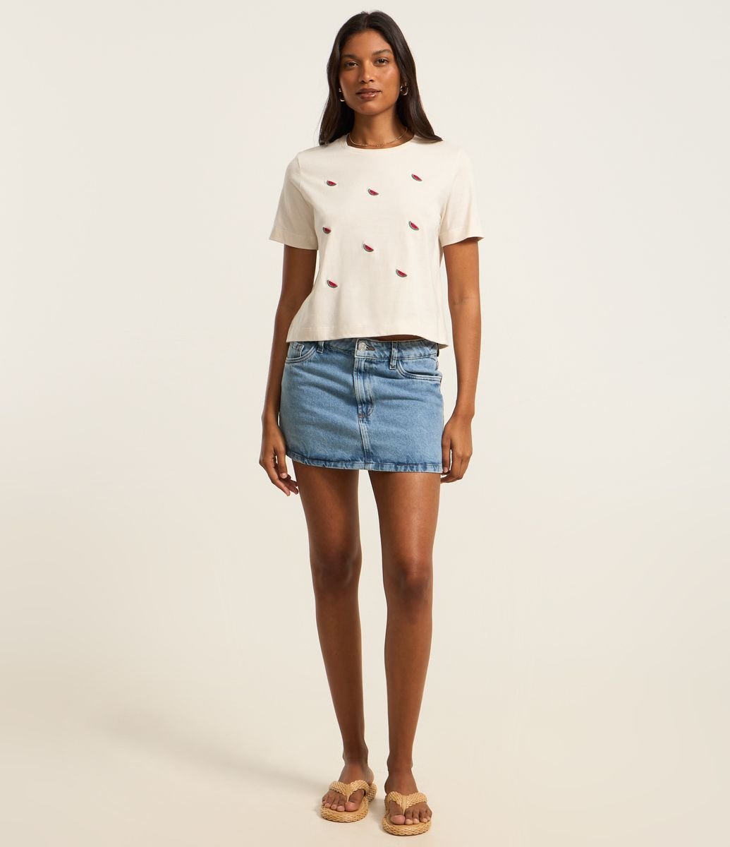 Camiseta em Algodão com Melancias Bordadas Branco